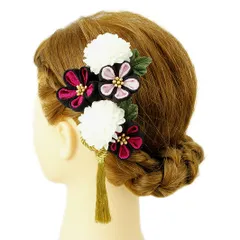 髪飾り 成人式 振袖 袴 ３点セット 黒 白 赤紫 ピンク 大人 浴衣 かんざし 簪 卒業式 フォーマル 結婚式 花飾り つまみ細工 ちりめん 手作り W38 W303-217 髪飾り 赤紫 n946　WSi