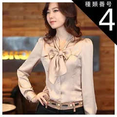 種類4：ブラック/3XL ブラウス とろみ シャツ とろみブラウス 光沢感 ボウタイ トップス 袖あり 長袖 パフスリーブ 襟なし リボン 前開き きれいめ シンプル 大人 上品 おしゃれ 大人可愛い 大人女子 こなれ感 ラブリー キュート クール モード系 
