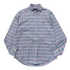 Lサイズ 古着 RALPH LAUREN ラルフローレン シャツ 長袖 ボタンダウン チェック タータンチェック ポニー ロゴ 刺繍 水色 ブルー ピンク