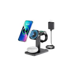 HOUOA ワイヤレス充電器 Magsafe充電器 3in1 マグネット式 マグセーフ充電器 Qi急速充電 同時に3つのデバイス充電 15W/10W/7.5W iPhone/Apple Watch/Airpodsに対応(日本語説明書,18WQC3.0アダプ 0