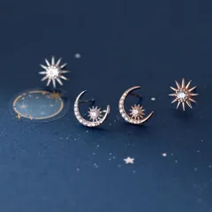 【ピンクゴールド/シルバー】シルバー925 ダイヤ ムーン スター スタッドピアス 上品 華奢 大人 女性 高級感 エレガント シンプル 輝き 清楚 普段使い フォーマル ギフト 人気 プレゼント おしゃれ 上質 小ぶり アクセサリー (411 412)