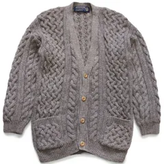 英国製 POTTER HUGHES ケーブル編み ウールニット カーディガン グレーベージュ XL★フィッシャーマン アラン オールド ユーロ
