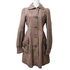 バーバリーブルーレーベル BURBERRY BLUE LABEL レザー シングル トレンチコート 裏地ノバチェック 牛革 パフスリーブ ウエストリボン ミドル丈 38 M相当 茶 ブラウン IBO53 X