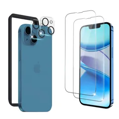 【数量限定】高感度 気泡ゼロ 液晶保護 撥油撥水 ラウンドエッジ加工 iphone13 硬度9H 指紋防止 耐衝撃 極薄 飛散防止 フィルム 全面保護 日本製旭硝子【2枚液晶保護+2枚レンズ保護+ガイド枠】 ガラスフィルム iPhone13 【4枚セット】Sl