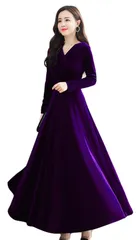 Size:XL_Color:パープル [ＺＨＯＮＧＪＵＥ] ワンピース レディース ロングワンピース 長袖 カシュクール Vネック ベルベット きれいめ ドレス 結婚式 フォーマル エレガント パーティードレス 大きいサイズ(8パープル)