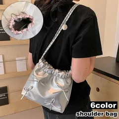 ショルダーバッグ 巾着バッグ 肩掛け 斜め掛け レディース 女性 鞄 カバン Y2K風 リボン チェーン マグネットボタン レザー調 フェイクレザー