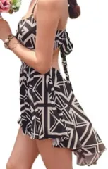 1/2style ニブンノイチスタイル 人気 2点 セット タンキニ 体型 カバー フレア ワンピース 水着 レディース Mサイズ( ホワイトブラック,  M)