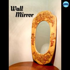 ●Wall Mirror●壁掛け鏡●レザー調●ブドウ柄●植物柄●掛け用●チェーン付●縦７４.５×横３９ｃｍ●インテリア●レトロ●