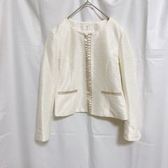 美品 persodea white label ペルソディア レディース ジャケット サイズ7 S ノーカラー ツイード アイボリー ボーダー ゴールド ラメ キレイめ フォーマル お仕事着