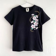 レディース波桜柄Tシャツ手描きTシャツブラック 夜桜 和柄 ハンドメイド