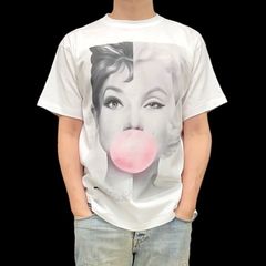 オリジナル ビッグプリント ムービー Tシャツ オードリーヘプバーン マリリンモンロー ハリウッド 女優 ハーフフェイス コントラスト 風船ガム 白 ホワイト XS(SS) S M L XL(LL) ジャスト オーバーサイズ メンズ レディース ユニセックス