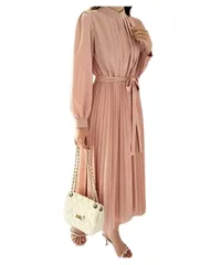 [Four leaf] 上品 プリーツ ロング ワンピース レディース 長袖 春 秋 きれいめ ハイウエスト ドレス ロングワンピ フォーマル セミフォーマル リボン ロング丈 春物 大きいサイズ (JP, アルファベット, L, ピンク) [ピンク] [L]