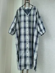 ネイビーチェック パフ袖 ロング丈ワンピース