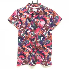 ★値下げ★【超美品】ジャックバニー 半袖ポロシャツ ピンク×マルチカラー 総柄 リーフ レディース 2(L) ゴルフウェア Jack Bunny