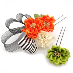 髪飾り 成人式 振袖 浴衣 袴 ２点セット 橙色 つまみ細工 リボン 結婚式 入学式 入園式 卒園式 卒業式 七五三 ブライダル 前撮り 和装 日本製 花 人気 かんざし フォーマル 簪 花飾り 着物 オレンジ W 28 323-269 u868　Si