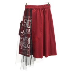 ScoLar スカラー キャット プリント ミモレ丈 チュール重ね アシンメトリー スカート M ボルドー レディース 古着