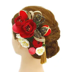 髪飾り 成人式 赤 振袖 前撮り 袴 花 浴衣 夏祭り 花火大会 豪華3点セット 白 ピンク ちりめん 玉飾り 麻の葉文 ゴールド 組紐 No.9-3519