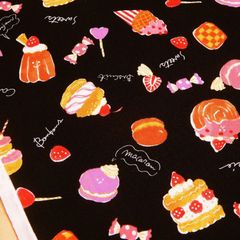 約110×50cm　スイーツ柄 ケーキ デザート お菓子 オックス生地 66800-3A ブラック　生地 布地 布 ハンドメイド
