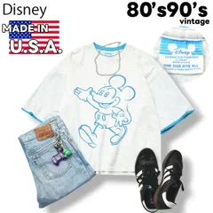 80s90sヴィンテージ USA製 ディズニー Disney ミッキーマウス ビッグ プリント Tシャツ カットソー 短丈 F グレー x ブルー メンズ