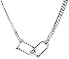 AREUM ネックレス メンズ U字 ダブルリング 二連チェーン ジョイント 金具 ステンレス 韓国系 高見え アクセサリー(シルバー,  中)