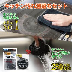 【2個セット】お掃除セット高機能ふきん＆シンクタワシ お得セット 1000円 ポッキリ 買い回り ふきんNO.1 ビストロ先生 キッチン万能ふきん 2枚入 黒色 油汚れ 掃除 吸水性 服部先生 ポイント消化   送料無料