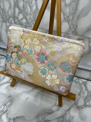 京都 西陣織り 20cmポーチ   桜扇 白