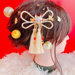 きつね☆ミニお面☆リボン☆タッセル☆成人式髪飾り☆お祭り髪飾り☆卒業式髪飾り☆袴ヘア☆扇子☆チャーム☆よさこい髪飾り☆浴衣ヘア☆