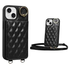Shlybaay iPhone 15 対応 ケース 背面 手帳型 カードケース iPhone15 用 ショルダー ストラップ 背面ケース 手帳型ケース キルティング いphone 15 アイホン 15 用 スタンド 肩掛け カード収納 斜め掛け 首掛け P 1