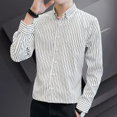 ☆ ホワイト×ブラック ☆ M ☆ ストライプシャツ メンズ 長袖シャツ ストライプシャツ メンズ 長袖シャツ ストライプ 長袖 シャツ ワイシャツ カジュアル メンズシャツ シンプル スリム カジュアルシャツ オシャレ おしゃれ きれいめ 襟つき 春 夏 秋