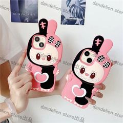 スマホケース　ラブブLabu　シリコン　ピンク×ブラック　iPhone対応　アイフォンケース　iPhone16pro/16promax/15/14/13/12/11　可愛いケース　海外限定　新品未使用