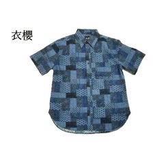 衣櫻 ころもざくら 半袖 シャツ SA-1689 和柄 大島紬調 パッチワークプリント ツムギシャンタン素材 日本製 ネイビー