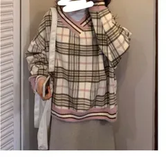 セーター チェック スウェーター Vネック 柔らか 体型カバー おしゃれ シンプル ゆったり 大人 韓国 ファッション 誕生日 プレゼント yymr01