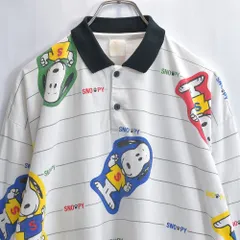 80〜90s SNOOPY スヌーピー 総柄 ボーダー プリント 長袖 ポロシャツ ヴィンテージ ピーナッツ ビーグル犬 チャールズモンロー ビンテージ USA アメリカ古着 メンズL相当
