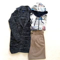 【コーデ売り】　ギャップ　ジーユー　グラニフ　襟付き 長袖 ニット 　カーディガン チノパン風　ポリエステル　レーヨン　パンツ　アメコミ柄　プリント　ジップ　リバーシブル　パーカー　まとめ売り　秋コーデ　メンズ　Sサイズ　ネイビー　紺×白　ブラウン　薄茶　良品