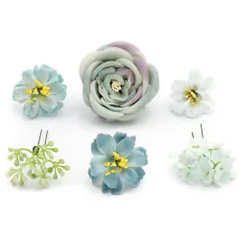 髪飾り 成人式 花 振袖 前撮り 袴 花 くすみグリーン 青 オフホワイト 白 6点セット 薔薇 バラ つぼみ 小さい 大きい かんざし No.12-0971