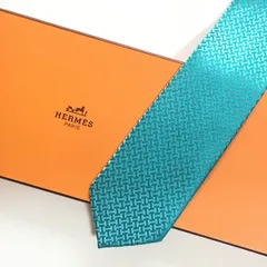美品 エルメス HERMES ネクタイ シルク100% フランス製 ターコイズブルー H柄 254-578