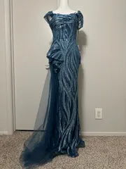 Ladivine シークインレースシフォンラッフルスカートロングドレスブルー　L