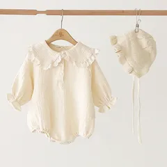 長袖襟付きレースロンパース　韓国子供服　アイボリー　ベージュ