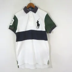ポロ バイ ラルフローレン Polo by Ralph Lauren ラガーシャツ ポロシャツ ビッグポニー 刺繍 ナンバー 配色 コットン 鹿の子 半袖 S 白 ホワイト 紺 ネイビー グリーン