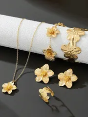 ジュエリー レディース セット 6点セット ビンテージ調 ゴールドメッキ 彫刻 5つ花びら モチーフ ペンダントネックレス ブレスレット リング ピアス レディースジュエリーセット [ランダムタッセル付き]