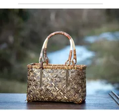 SGYP019 虎竹 紫竹 虎斑竹 ハンドメイド 竹 籠 工芸品 手編み かごバッグ バンブーバスケット 籠 かご バッグ コンパクト 巾着 手作り 篭 かご 工芸品 工藝 民藝 民芸 竹籠 竹細工 かご バスケット プレゼント ギフト 母の日 竹製