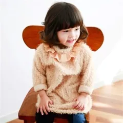 韓国子供服 BACKファスナーシャギーニットワンピース フリルレース プチタートルネック もこもこ キッズ ベビー ベージュ