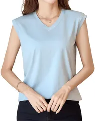 Fiorior さらっと快適な肌触り ノースリーブ レディース tシャツ Vネック 無地 タンクトップ 速乾 涼しい ストレッチ フレンチスリーブ 夏 トップスしわになりにくい(ライトブルー,  M)