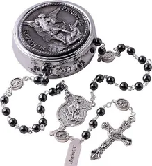 大天使聖ミカエルヘマタイトブラックストーンビーズロザリオネックレスメタルギフトボックス付き米国製贈り物輸入品