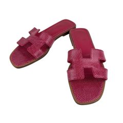 美品 Hermès エルメス Oran 37 オラン37 Rose/Fuchsia ローズ/フクシア カーフスキン/リザード サンダル　シューズ　レディース