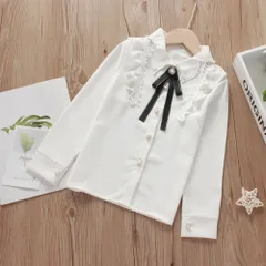 ☆ リボンタイプ ☆ 150cm ☆ キッズブラウス レース 長袖シャツ gktops4118 キッズ ブラウス 女の子 シャツ 白 長袖 白シャツ フォーマル 入園式 卒園式 入学式 卒業式 シフォン 飾り 発表会 結婚式 パーティ お呼ばれ