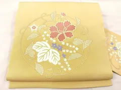 平和屋着物●塩瀬　九寸名古屋帯　駒刺繍　草花丸文　金糸　正絹　逸品　未使用　BAAU0352mz