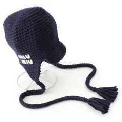 ミュウミュウ 24AW TRAPPER HAT トラッパーハット ヴァージンウール ロゴ クロシェ ニットキャップ ニット帽 ビーニー 5HC385 ネイビー M【中古】