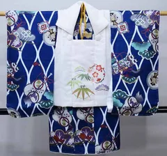 七五三 三歳 男児 被布着物セット 紺色×白 松竹梅 軍配 巻物 祝着 三才 3歳 3才 男の子 NO41045