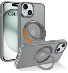 ★kwatung iPhone 15 用 ケース 360°回転スタンド リング付き 超強磁力 米軍MIL規格 耐衝撃 隠し収納式 スタンド付き 縦横両対応 アイフォン15 ケース 薄形透明 指紋防止 アイフォン15カバー ストラップホール付  ケース グレー